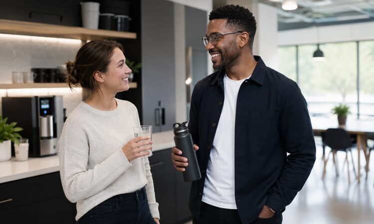 two coworkers with water in a corporate breakroom