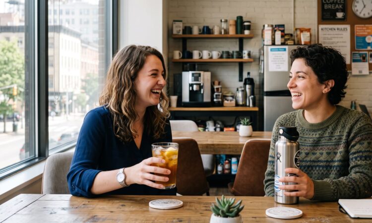 two women chatting over drinks in san francisco office